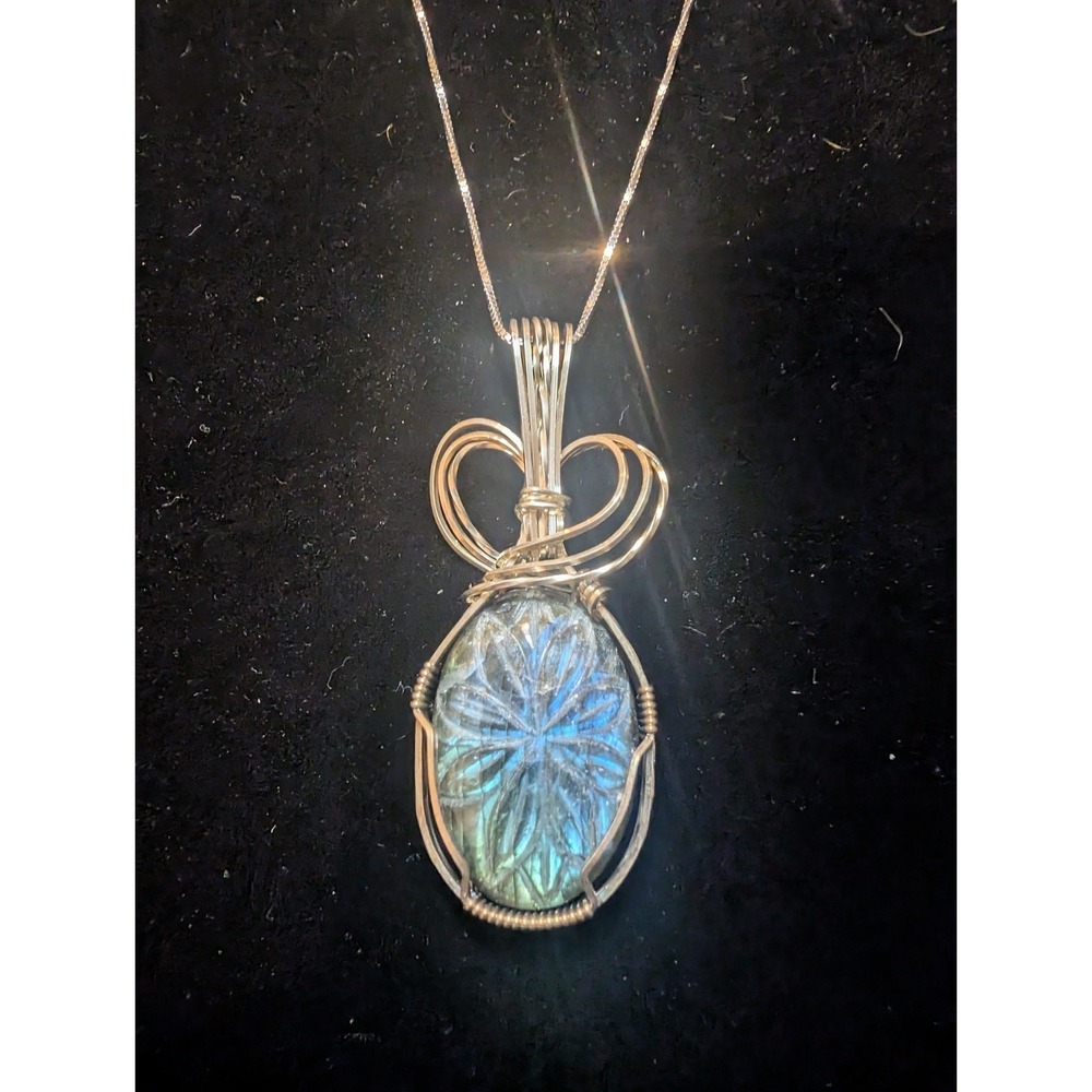 Sterling Silver Necklace Wrapped Carved Agate Stone Hand Crafted Unique